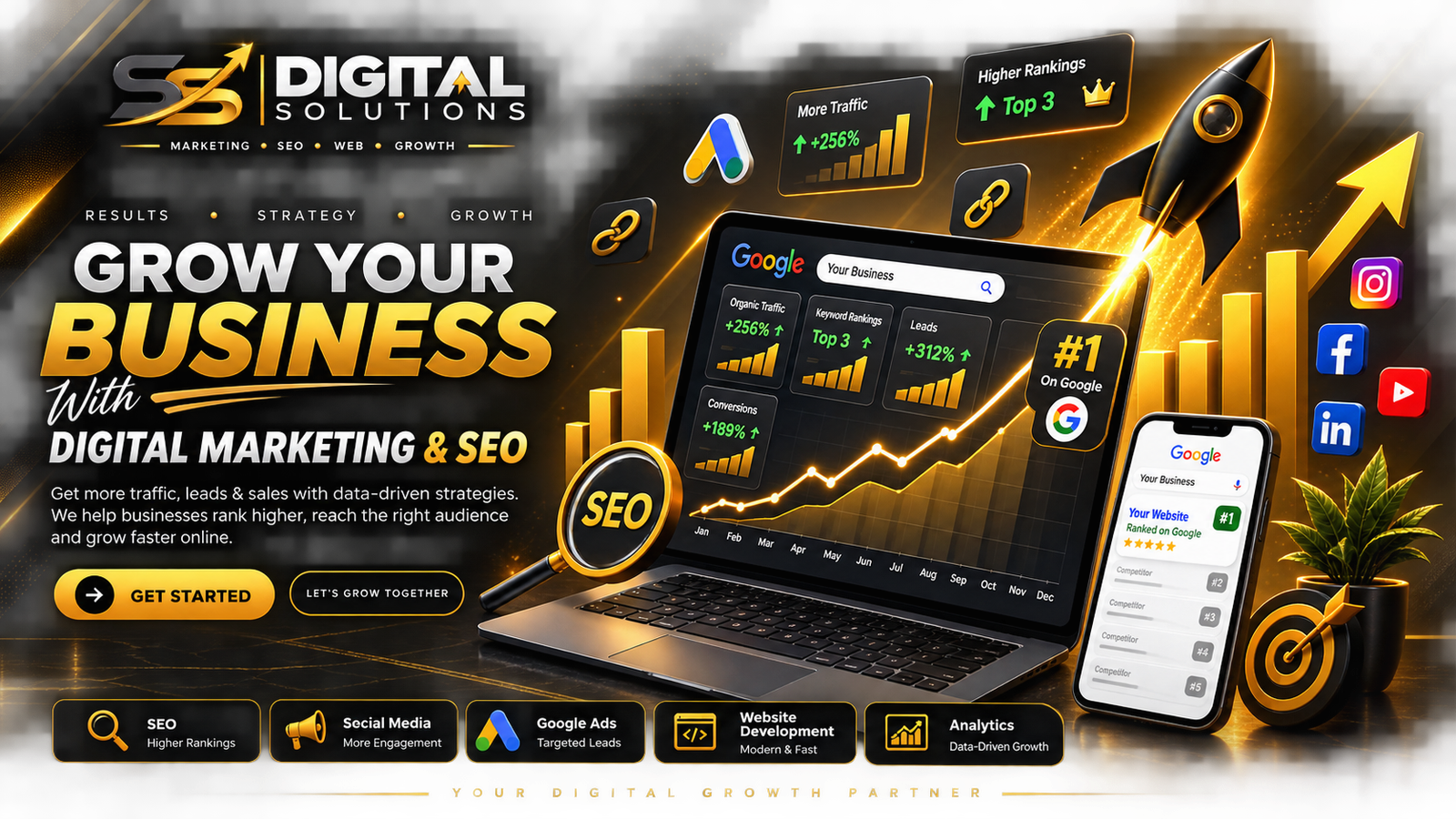 Digital marketing and SEO growth analytics illustration